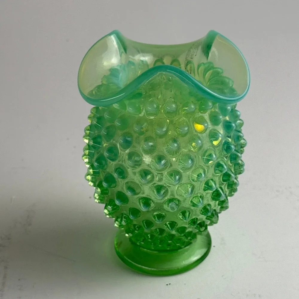 Vtg Fenton Uranium Hobnail Ruffle Vase Green Opalescent 3.5 Inch UV Reactive